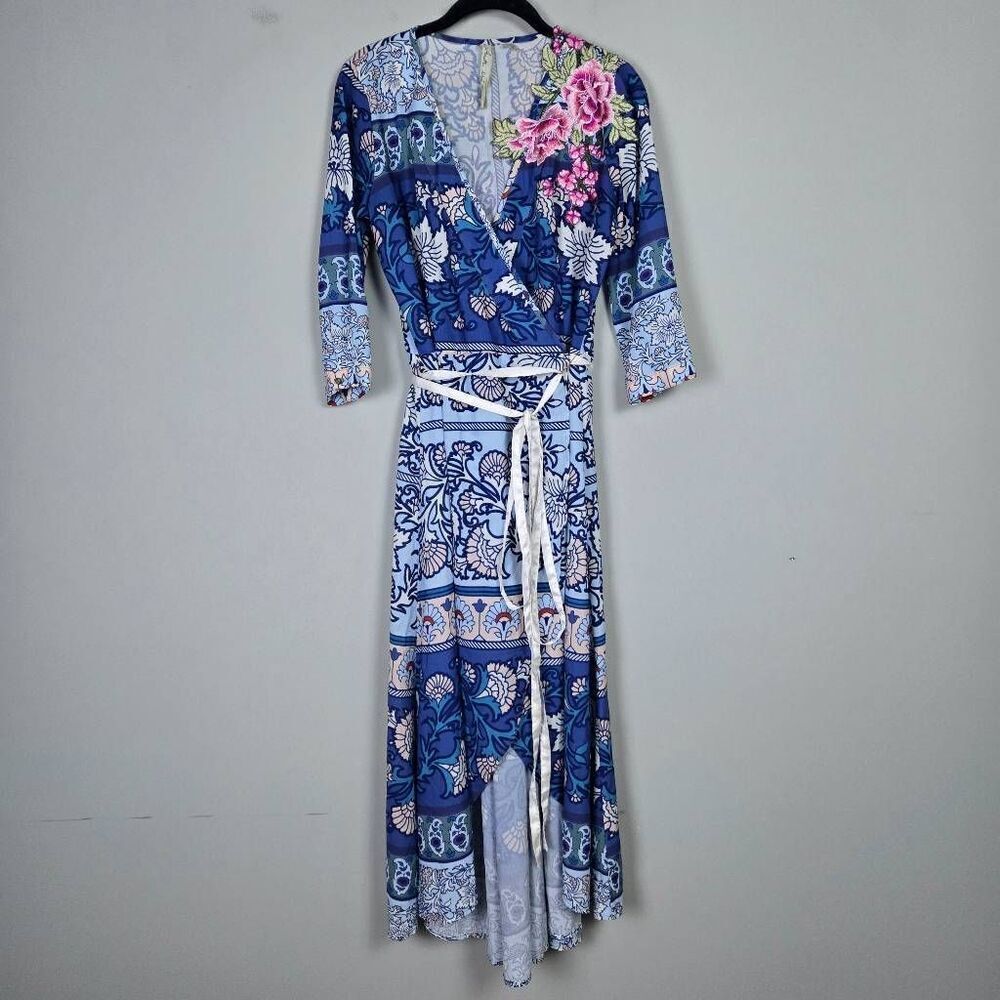 Aratta Silent Journey Womens Embroidered Floral Wrap Maxi Dress Sz XS Blue Boho